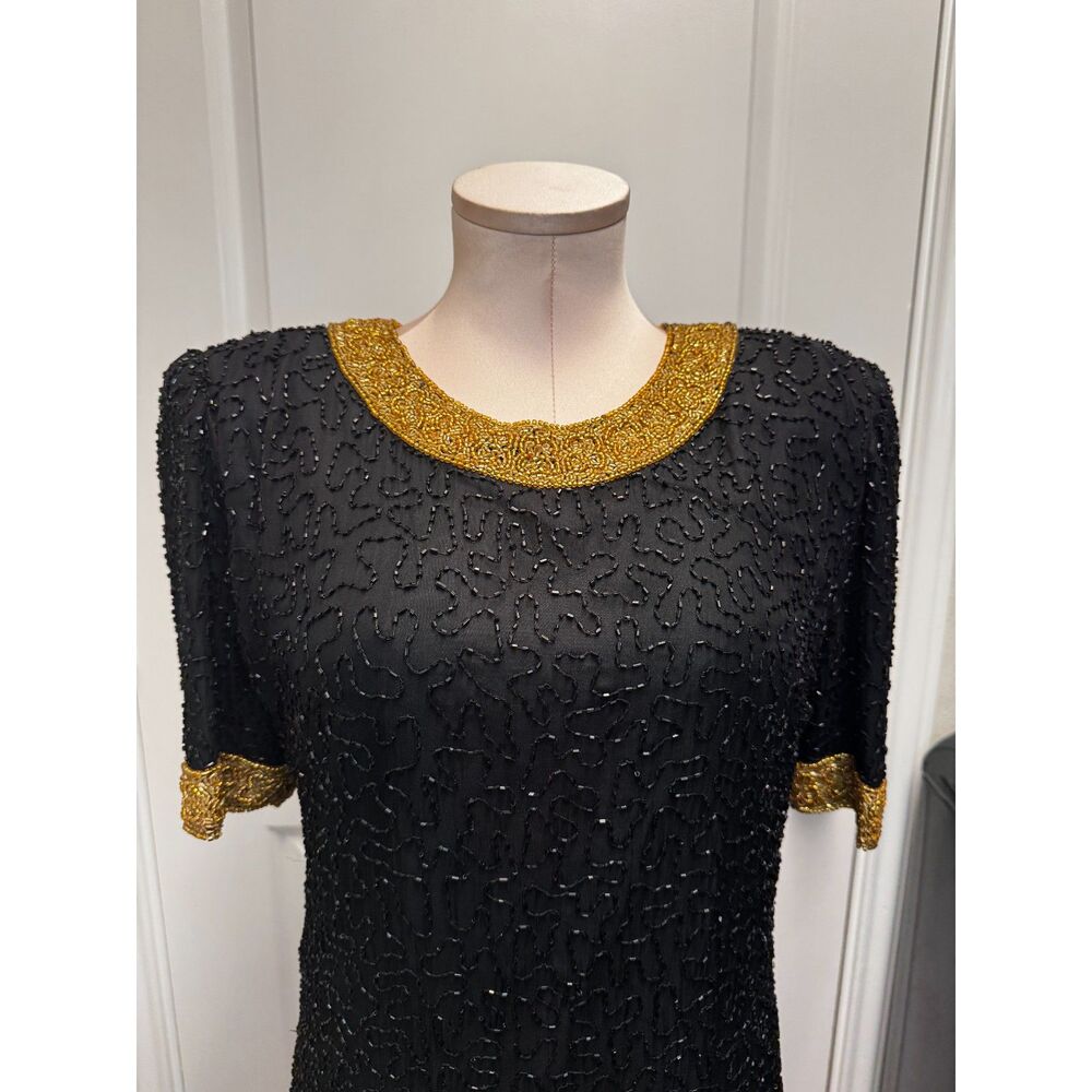 Vintage LAURENCE KAZAR New York 90's Black and Gold Beaded Silk Top Size SMALL